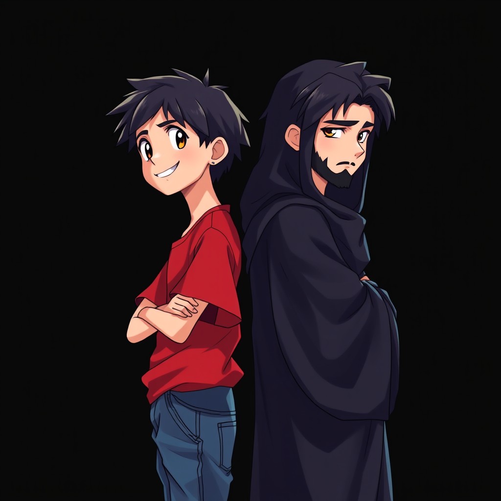 On a black background, two anime-style young dark-haired Greek boys stand back to back