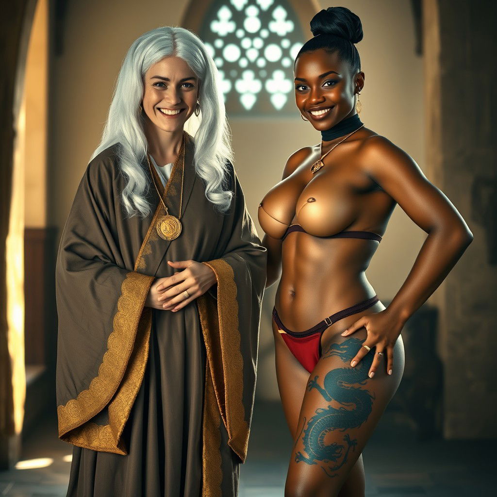 In a medieval room, a vivid scene unfolds featuring a 40-year-old German woman, petite and appearing malnourished, with bright blue eyes and a joyful smile