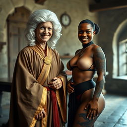 In a medieval room, a vivid scene unfolds featuring a 40-year-old German woman, petite and appearing malnourished, with bright blue eyes and a joyful smile