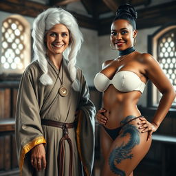 In a medieval room, a vivid scene unfolds featuring a 40-year-old German woman, petite and appearing malnourished, with bright blue eyes and a joyful smile