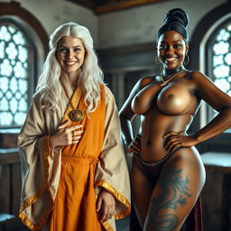 In a medieval room, a vivid scene unfolds featuring a 40-year-old German woman, petite and appearing malnourished, with bright blue eyes and a joyful smile