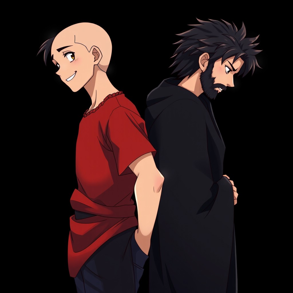 On a black background, two adult dark-haired Greek boys stand back to back in anime style
