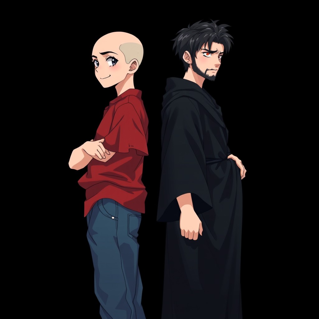 On a black background, two adult dark-haired Greek twin boys stand back to back in anime style