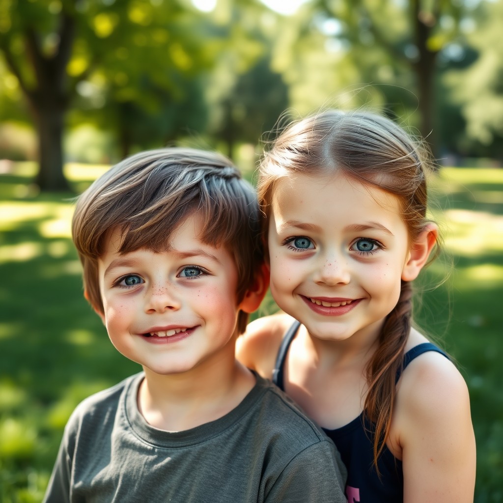 A candid photograph of two 8-year-old twins; a boy with brown hair, blue eyes, and fair skin adorned with freckles standing beside his sister, who has similar brown hair and blue eyes but fewer freckles