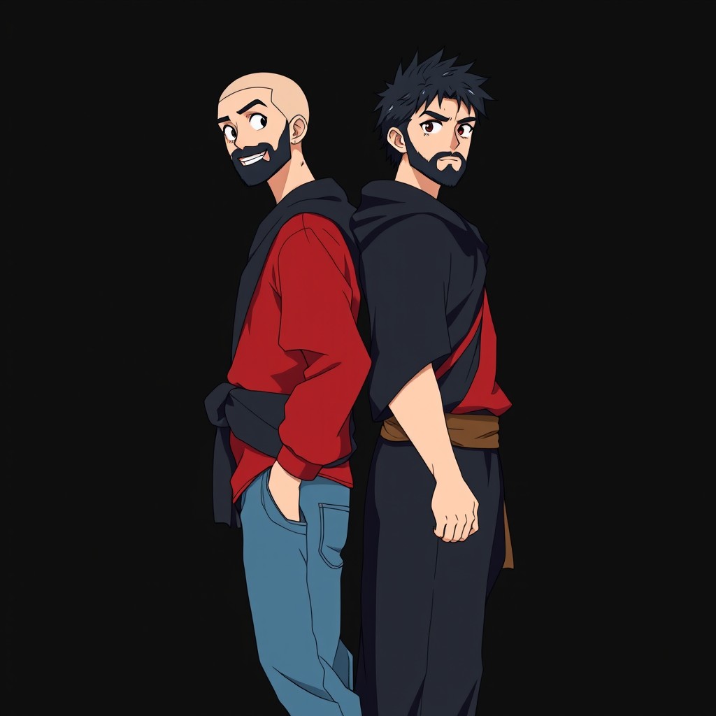 On a black background, two adult dark-haired Greek twin boys stand back to back in anime style