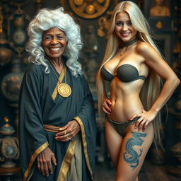 In a medieval room filled with various relics, there is a joyful, petite, emaciated African woman, 90 years old, wearing a white colonial judge wig from the 18th century
