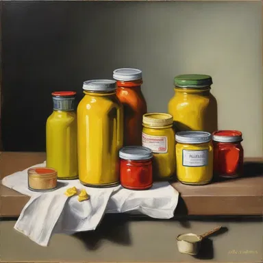 The painting depicted a still life of a jar of mustard sauce and various condiments.