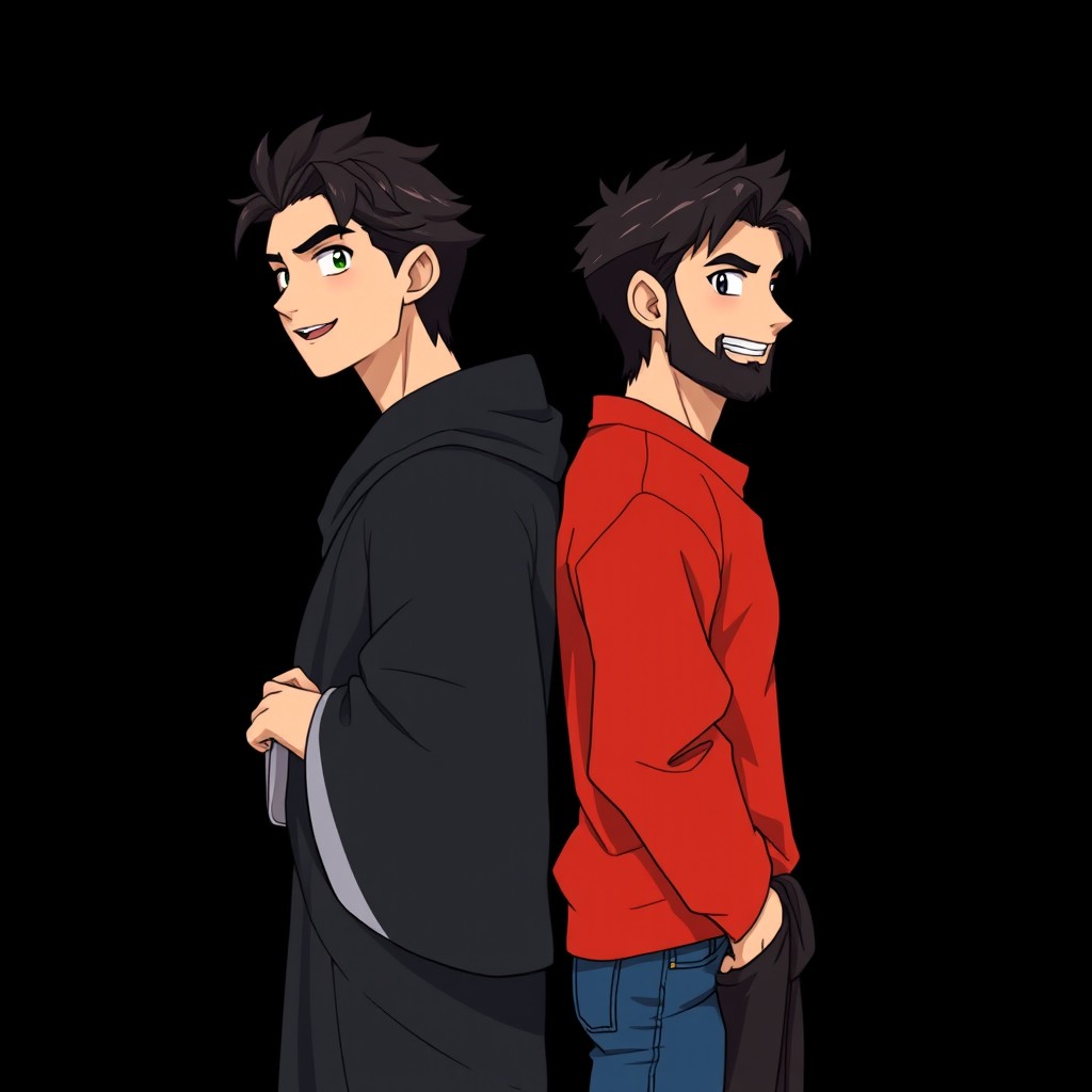 On a black background, two adult dark-haired Greek brothers stand back to back in anime style