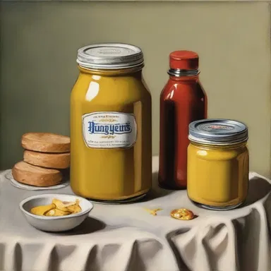 The painting depicted a still life of a jar of mustard sauce and various condiments.