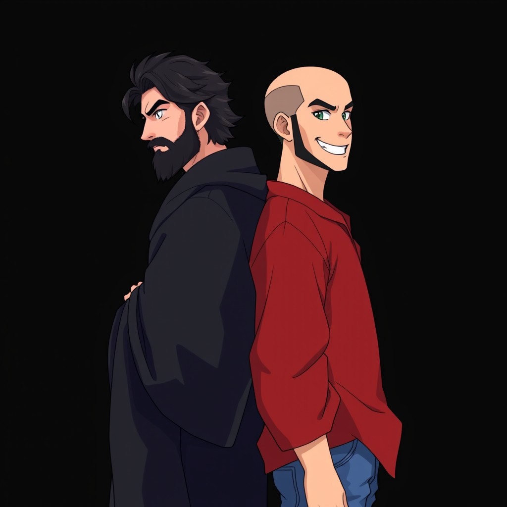 On a black background, two adult dark-haired Greek twin brothers stand back to back in anime style