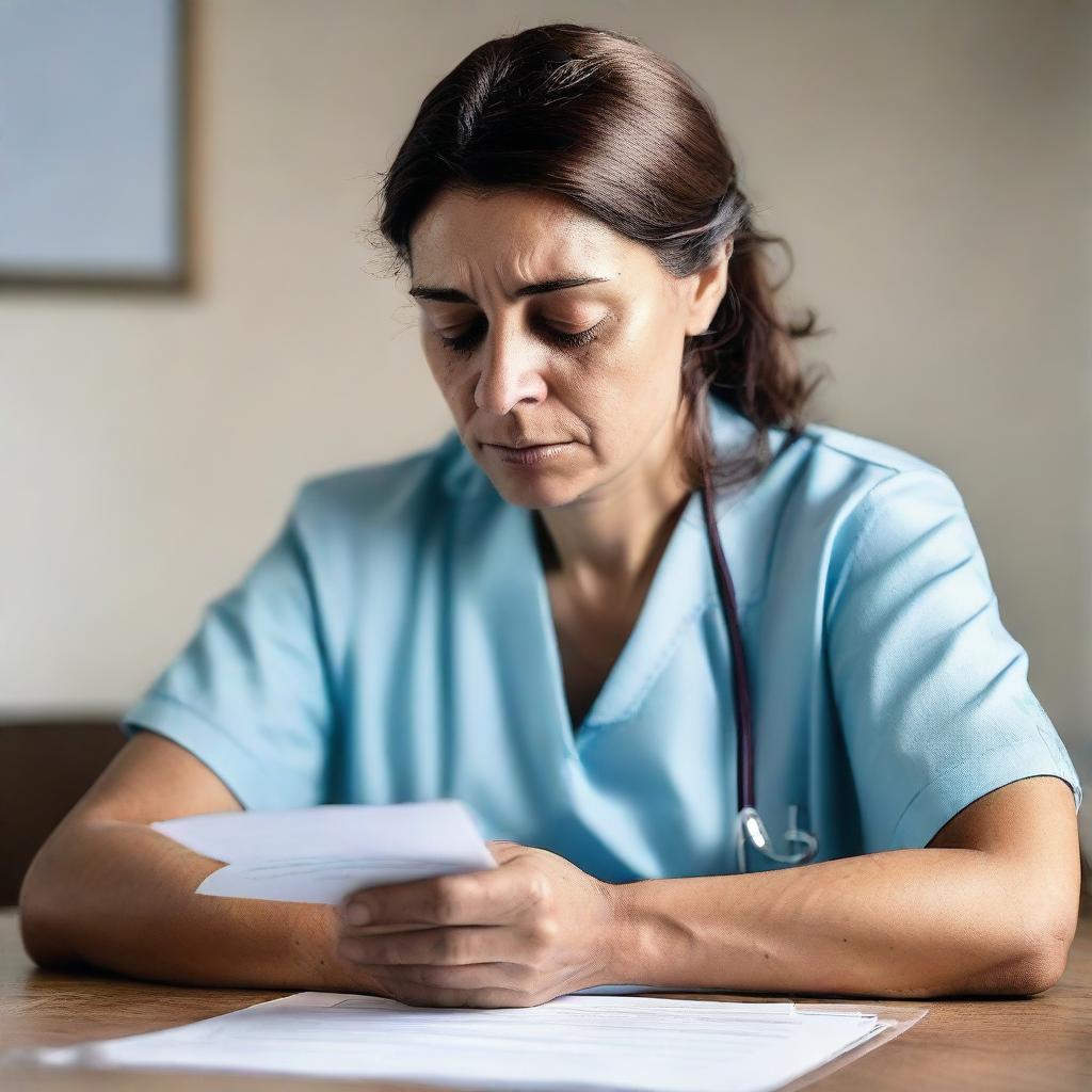 A melancholic nurse in her 30s, with resignation papers in hand, under emotional duress due to pressure from her husband and parents.