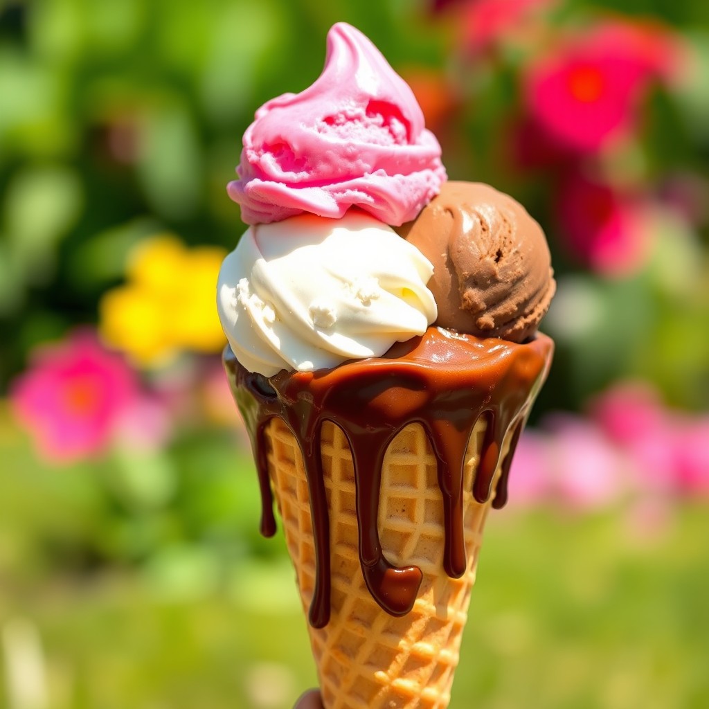 A colorful ice cream cone topped with three scoops of different flavors: bright pink strawberry, creamy vanilla, and rich chocolate