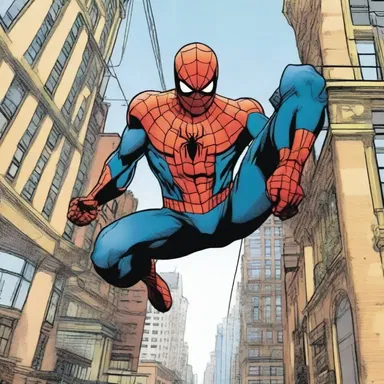 In the comic book 'Spider-Man', the web-slinging superhero frequently employs a grappling hook to navigate through the city.