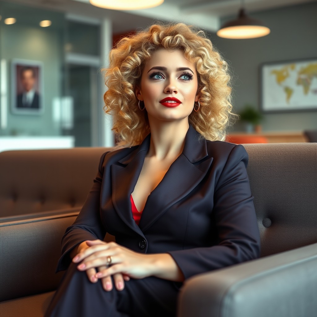A beautiful and curvaceous white girl with playful blond curly hair and striking light blue-green eyes, sitting gracefully on a stylish sofa in a modern waiting room