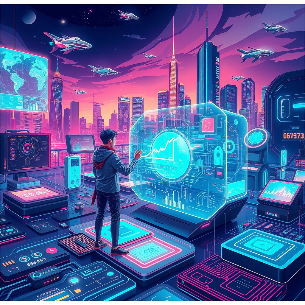 A detailed and vibrant illustration of an advanced technology-themed design, showcasing futuristic gadgets and devices
