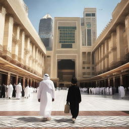 A young boy wandering through the bustling city streets of Makkah, with towering buildings and the sacred Kaaba in the background.