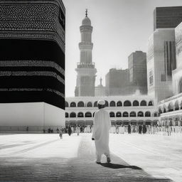 A young boy wandering through the bustling city streets of Makkah, with towering buildings and the sacred Kaaba in the background.