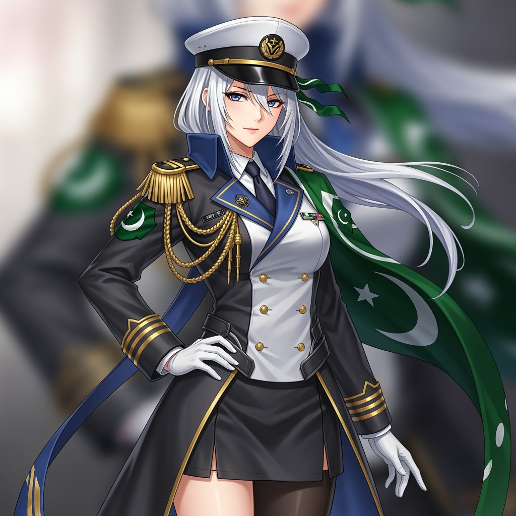 A female anime character inspired by the Azur Lane series, embodying a blend of modern military aesthetics with cultural elements