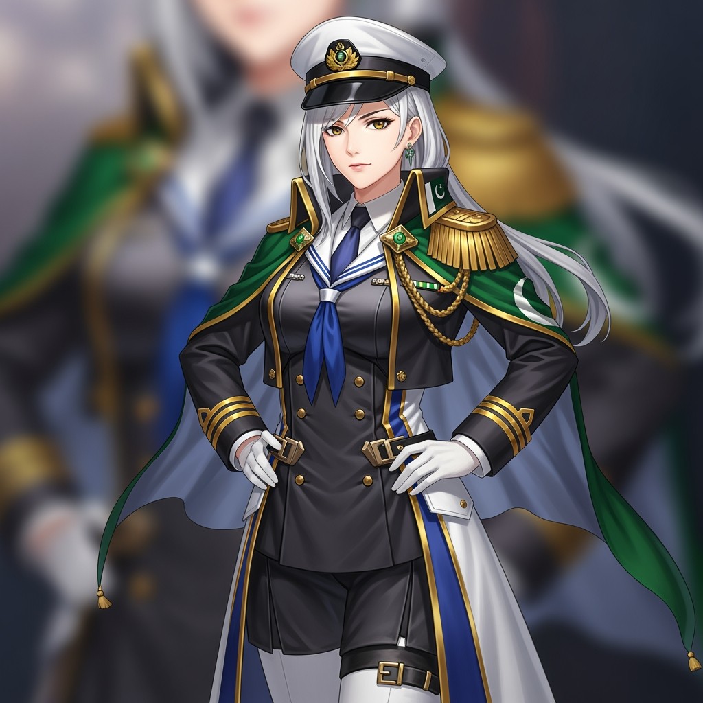 A female anime character inspired by the Azur Lane series, designed with a focus on a sleek, modern military aesthetic combined with cultural elements