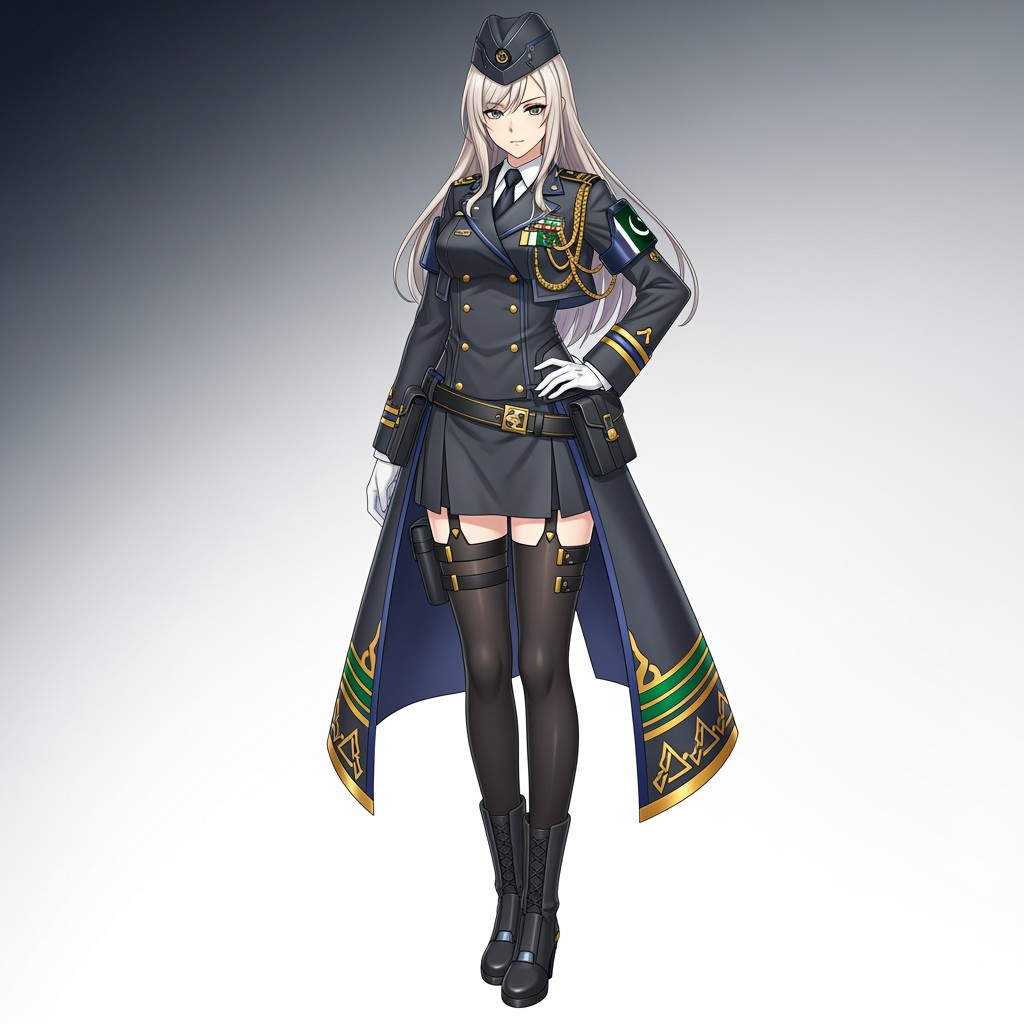 Create a detailed female anime character inspired by the Azur Lane series, who harmoniously merges stealthy, modern military aesthetics with rich cultural elements