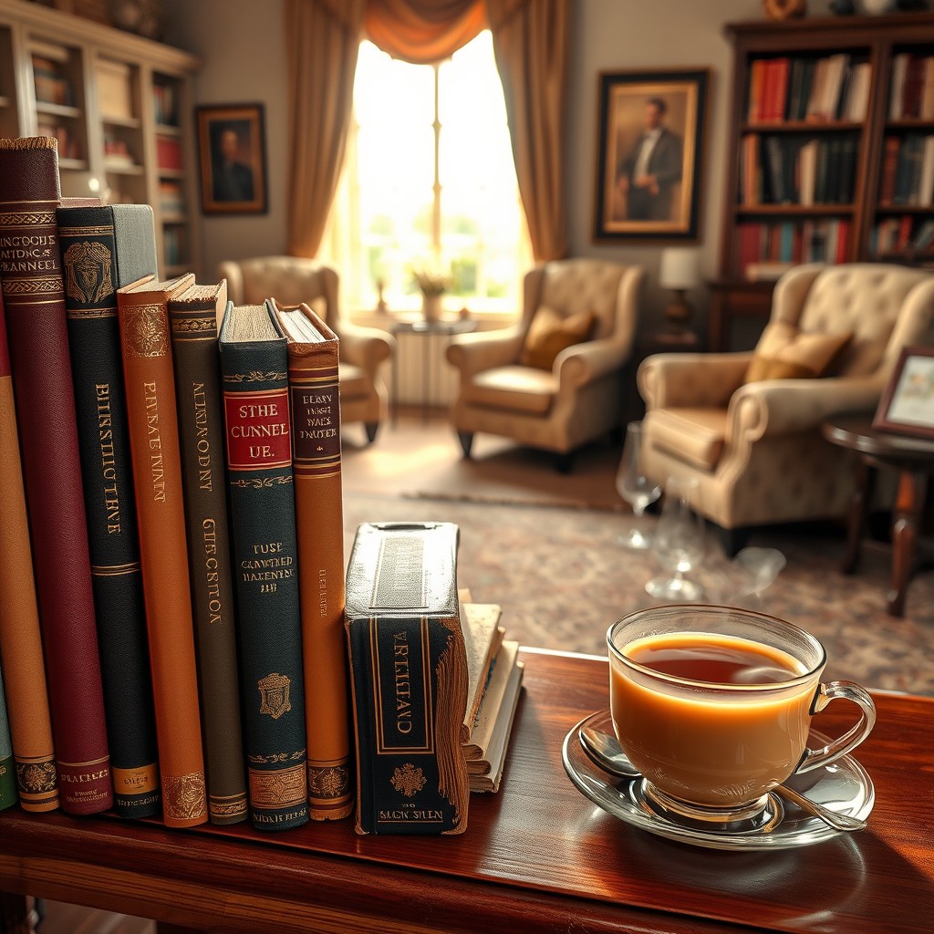 A beautifully arranged collection of classic books on a wooden bookshelf, with varied spine colors and intricate gold titles