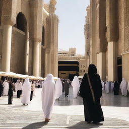 A young boy wandering through the bustling city streets of Makkah, with towering buildings and the sacred Kaaba in the background.