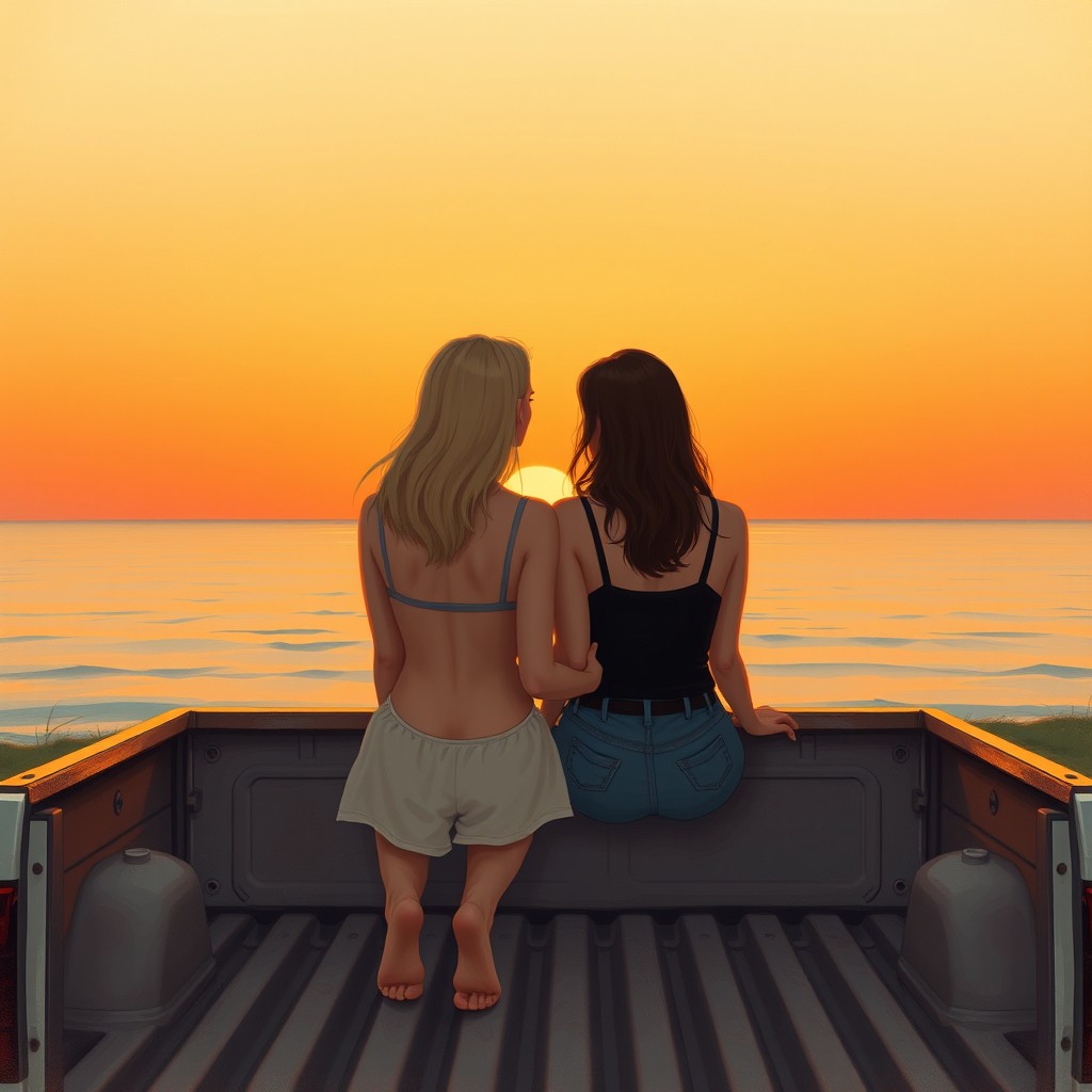 Two women sitting side by side on the open hood of a pickup truck, viewed from a distance