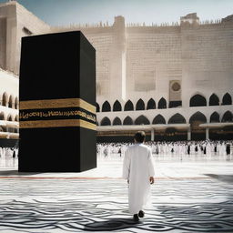 A young boy wandering through the bustling city streets of Makkah, with towering buildings and the sacred Kaaba in the background.