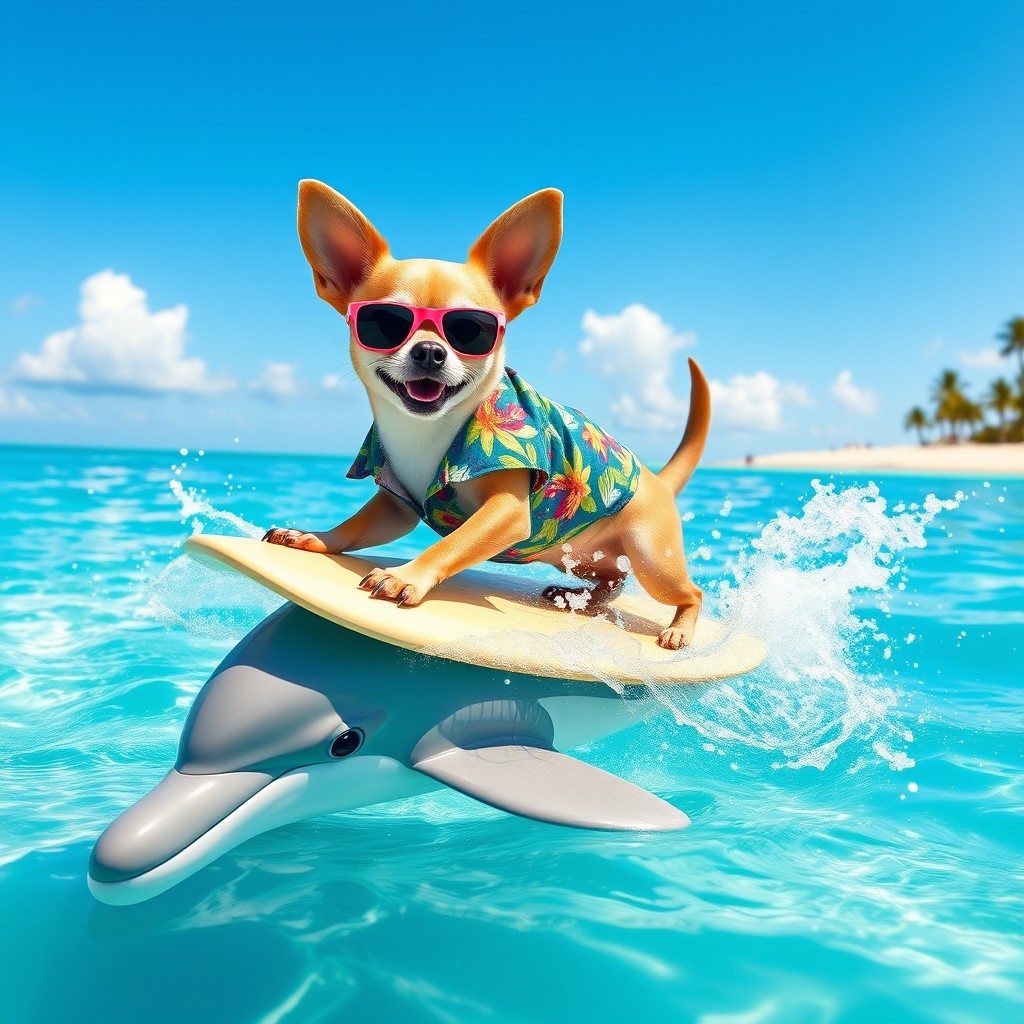 A whimsical and vibrant scene depicting a chihuahua with a playful expression, confidently surfing on the back of a dolphin