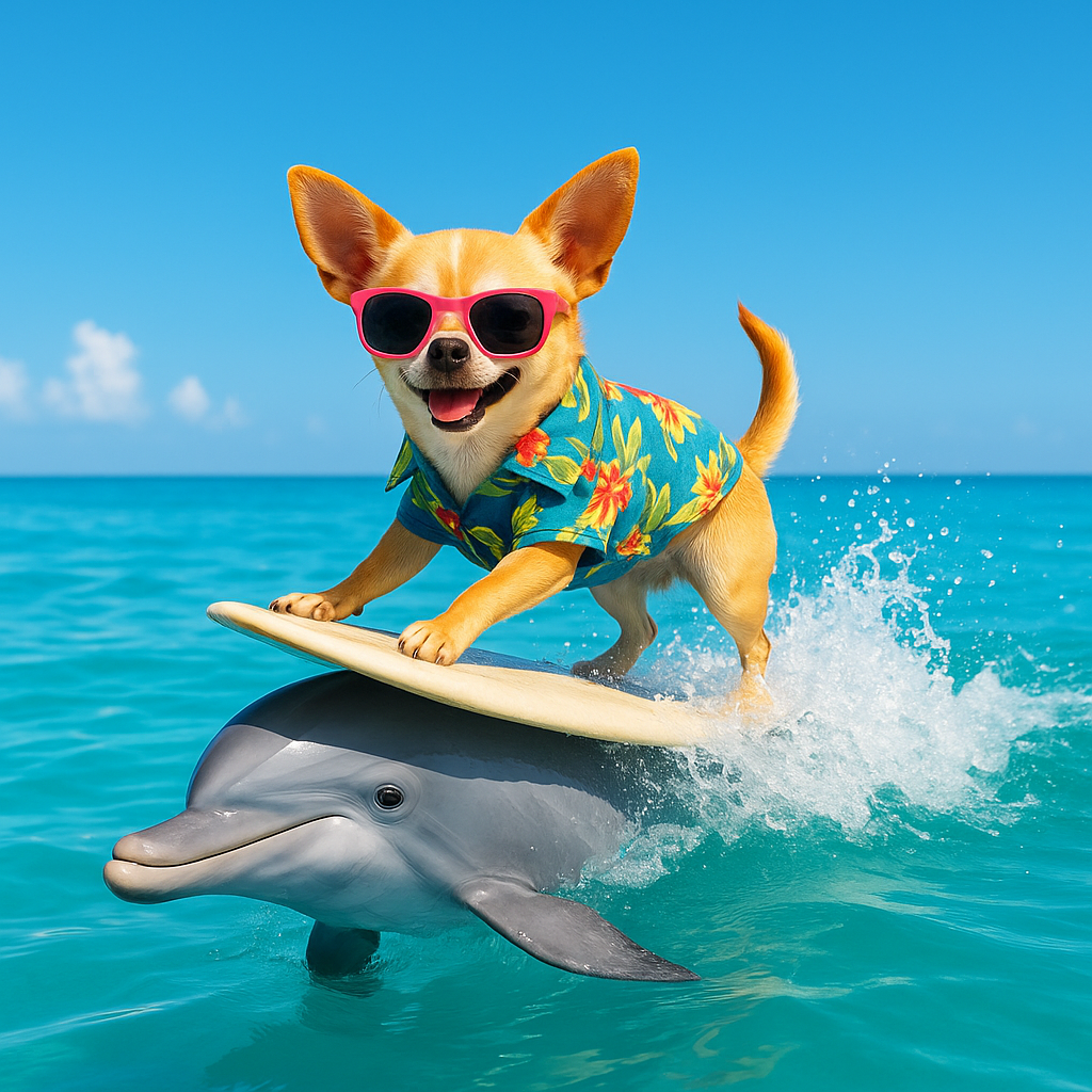 A vibrant and cheerful scene showcasing a chihuahua with an exuberant expression, surfing on the back of a dolphin in bright turquoise waters