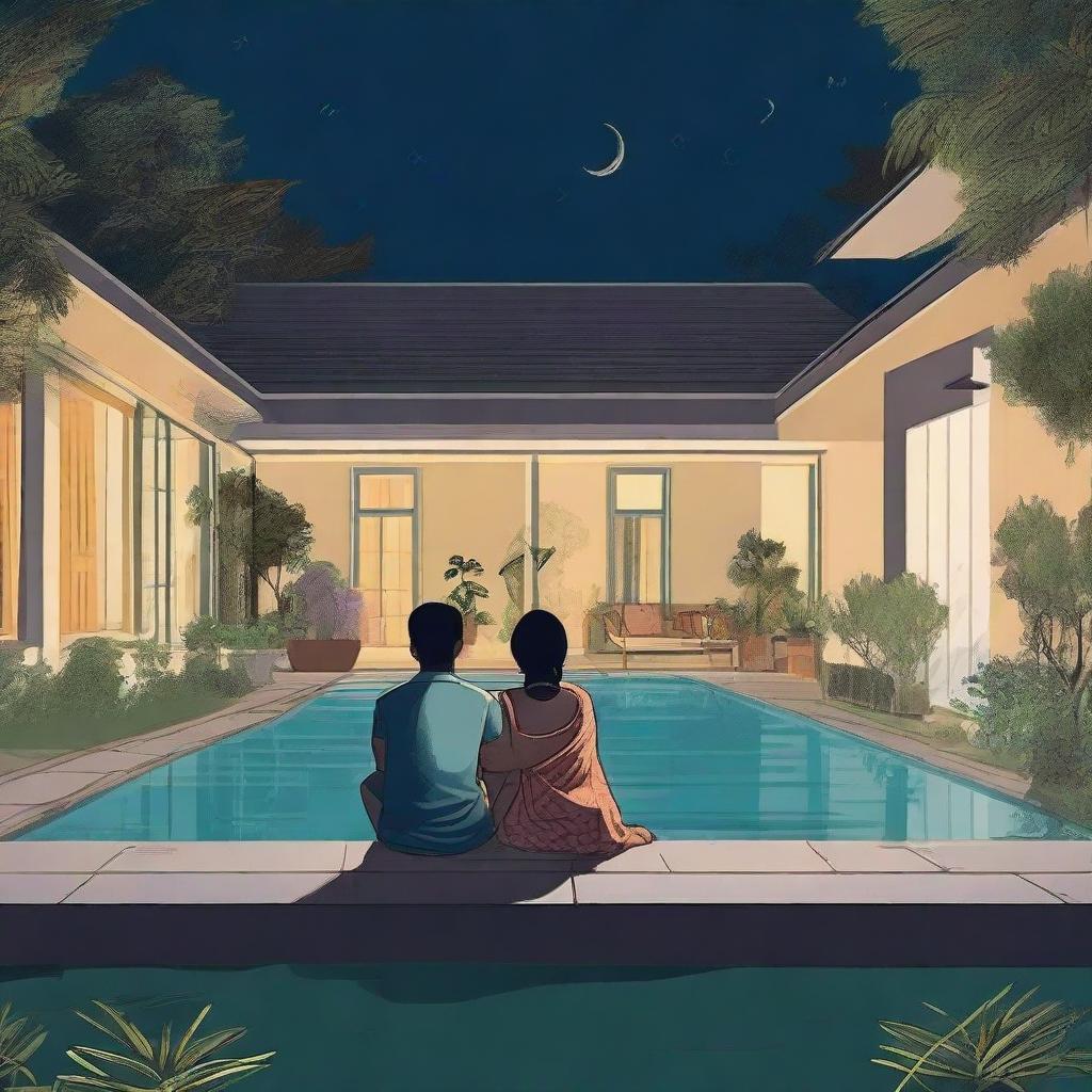 Revathi, aged 28, and her 30-year-old husband sit in their illuminated garden beside their grand house at midnight. Their son walks towards them joyously under the moonlight, with a stunning pool nearby.