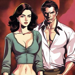 A high-quality digital art piece featuring a beautiful woman, dressed in a blouse that reveals her midriff and partially exposes her chest, stands with a sorrowful expression