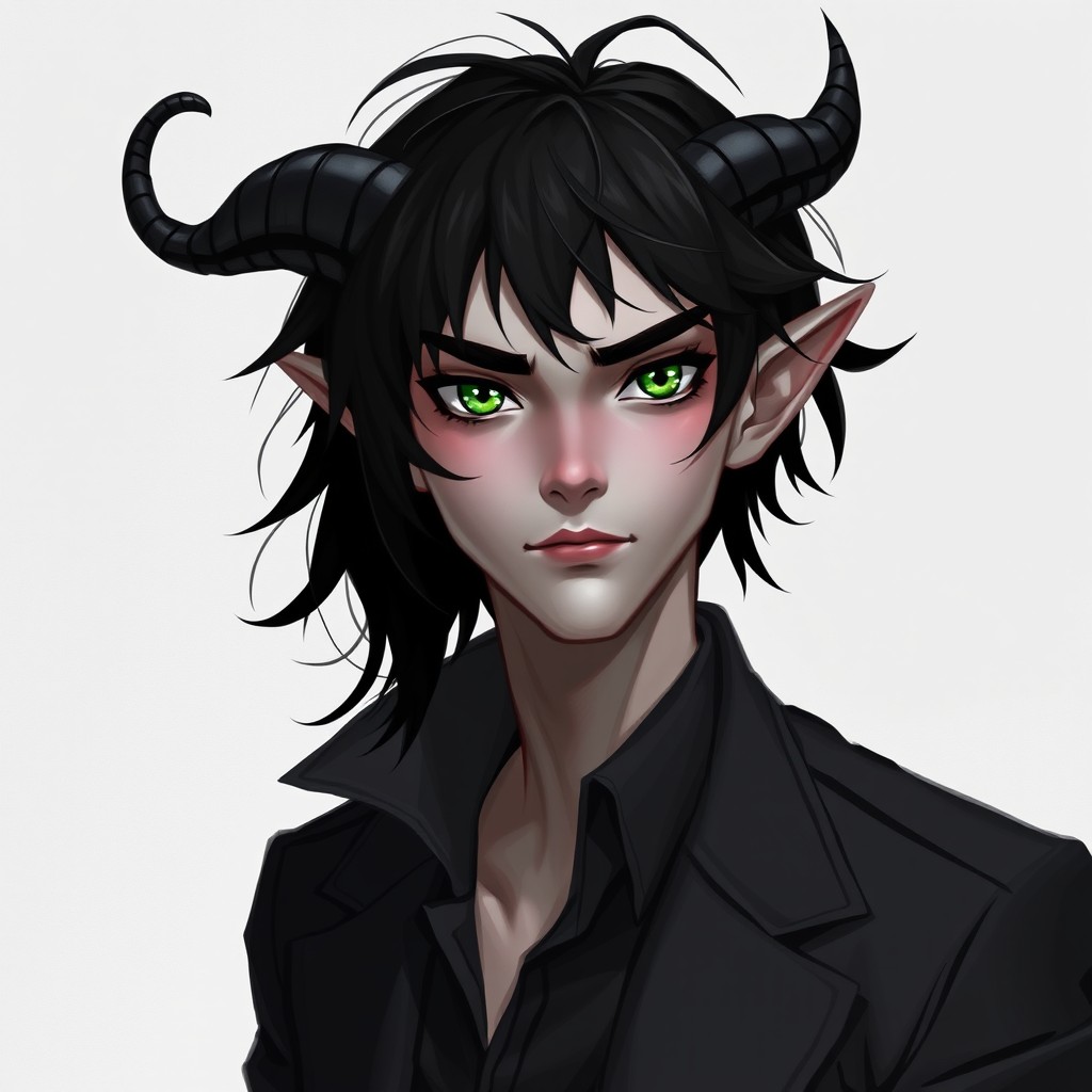 A young male tiefling, around 25 years old, depicted with a tall slim build and lightly toned muscles