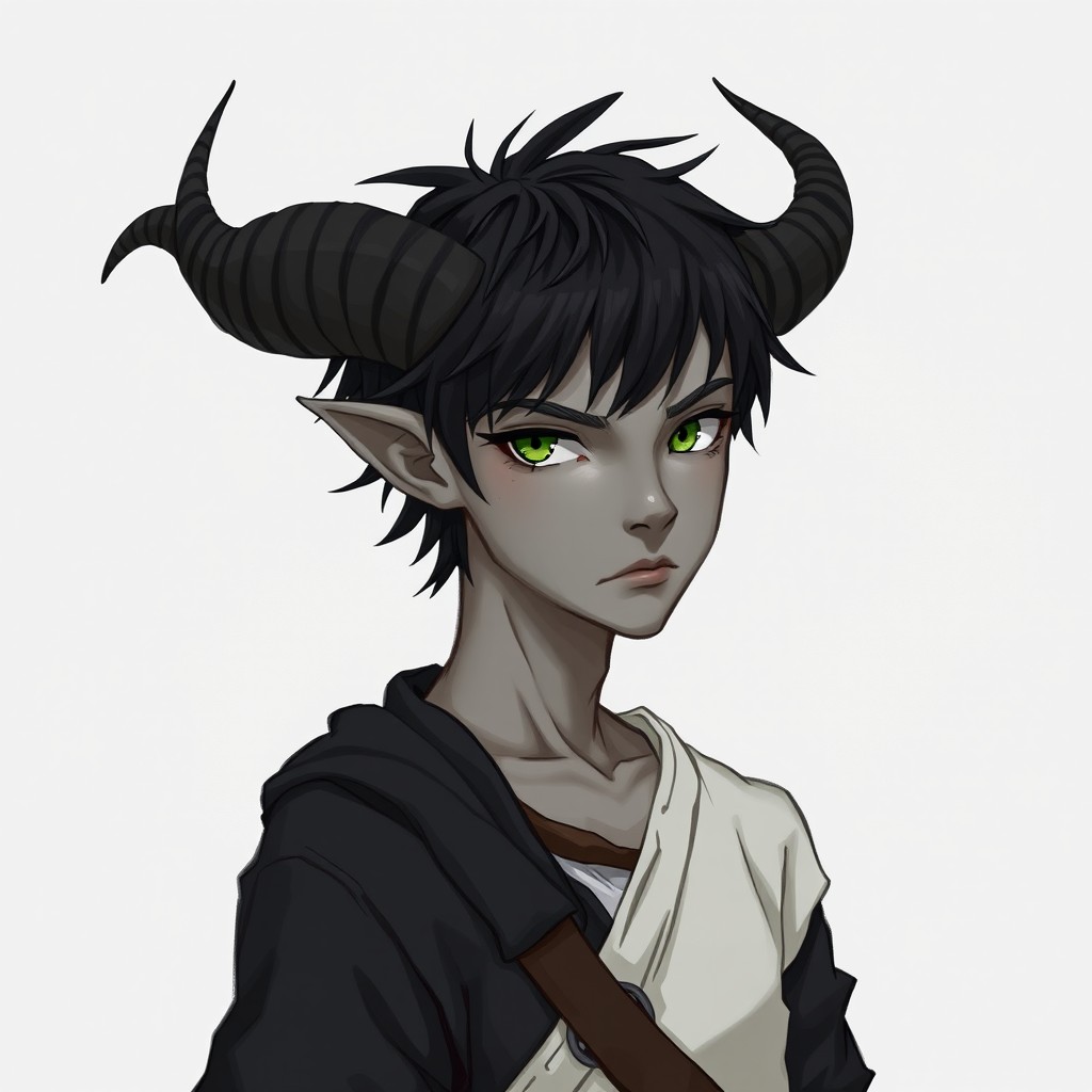 A young male tiefling, around 25 years old, illustrated with a tall slim build and lightly toned muscles