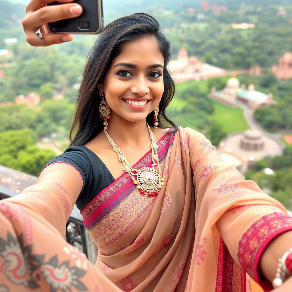 A stunning Indian woman capturing a selfie, wearing a beautiful chiffon saree with intricate patterns and vibrant colors