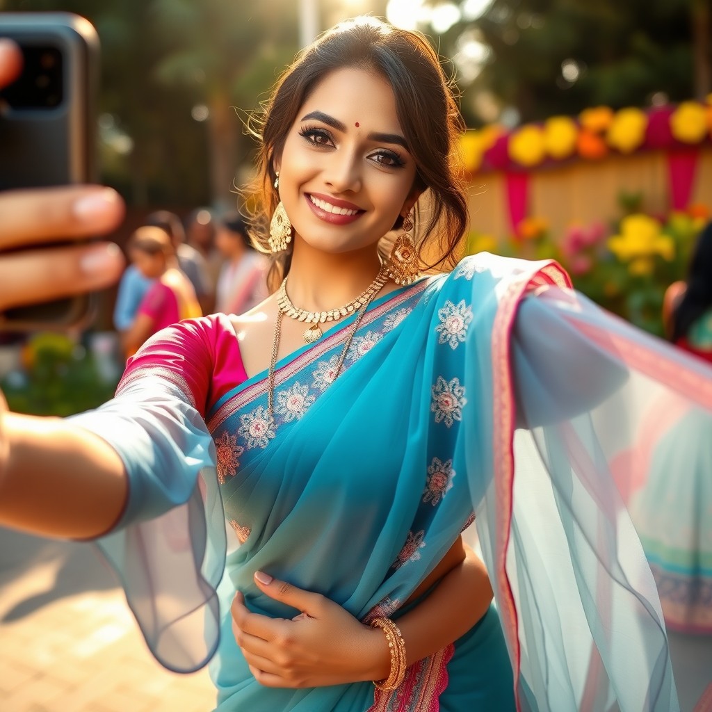 A beautiful Indian woman taking a selfie, wearing a stunning chiffon saree with delicate embroidery and bright colors