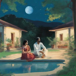 Revathi, aged 28, and her 30-year-old husband sit in their illuminated garden beside their grand house at midnight. Their son walks towards them joyously under the moonlight, with a stunning pool nearby.