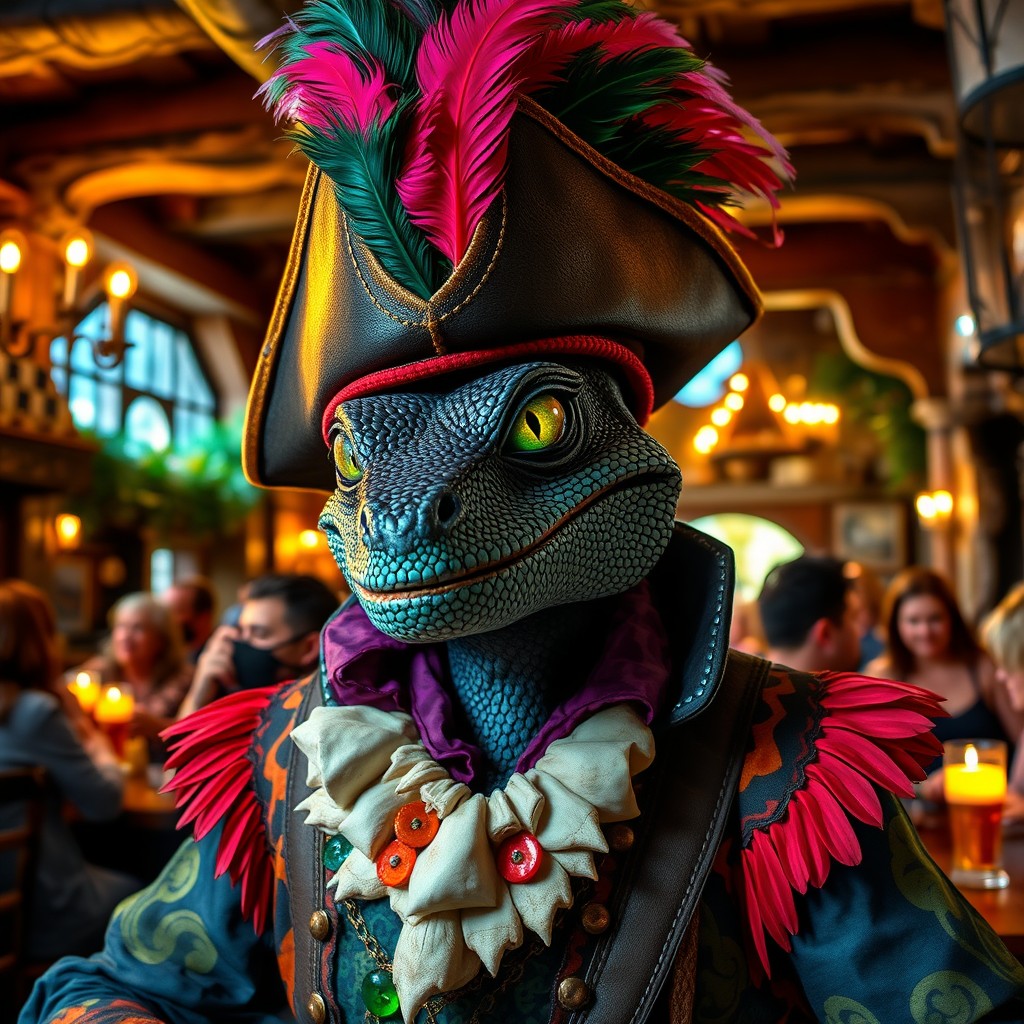 A unique black-scaled lizard man with striking emerald green eyes and razor-sharp teeth, dressed in colorful, flamboyant clothes that showcase a blend of styles