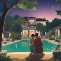 Revathi, aged 28, and her 30-year-old husband sit in their illuminated garden beside their grand house at midnight. Their son walks towards them joyously under the moonlight, with a stunning pool nearby.