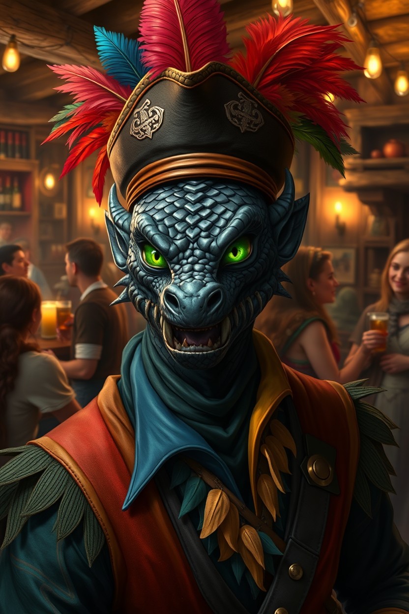 A striking black-scaled dragonborn character without horns, featuring vivid emerald green eyes and sharply defined teeth