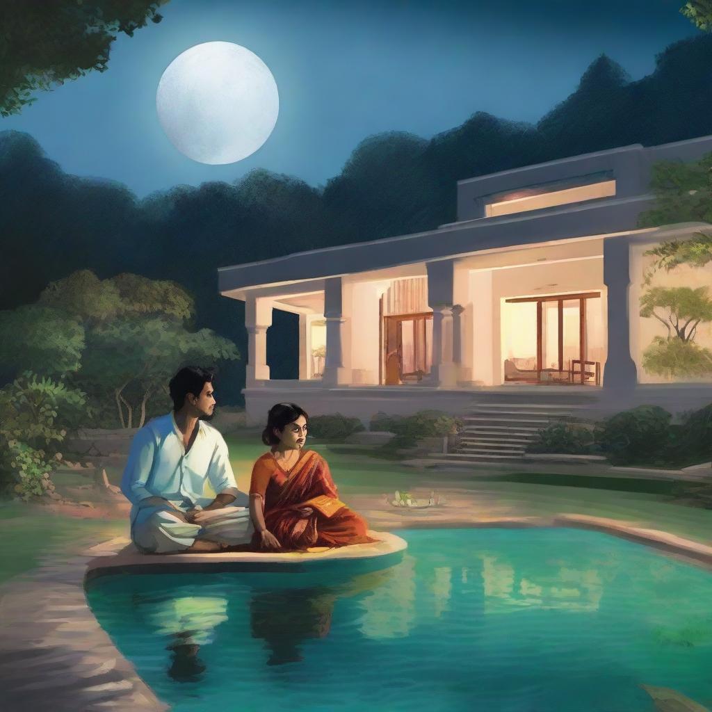 Revathi, aged 28, and her 30-year-old husband sit in their illuminated garden beside their grand house at midnight. Their son walks towards them joyously under the moonlight, with a stunning pool nearby.