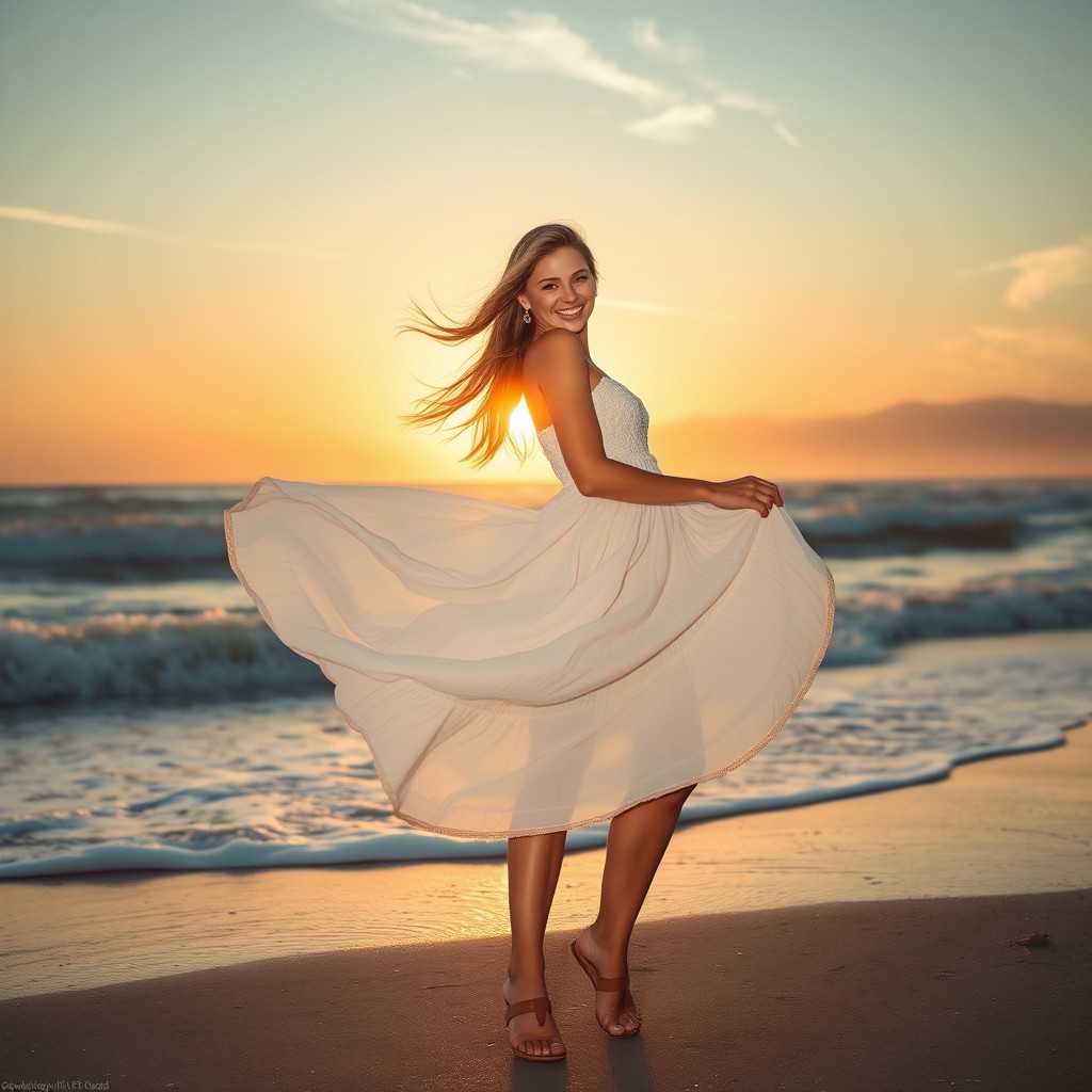 A strong wind lifts the dress of a beautiful young woman standing on a beach
