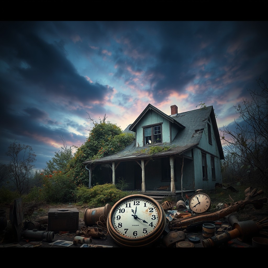 A surreal representation of the concept 'wasted my life away', depicting a nostalgic scene of an abandoned house overgrown with vines and plants, crumbling walls, and broken windows