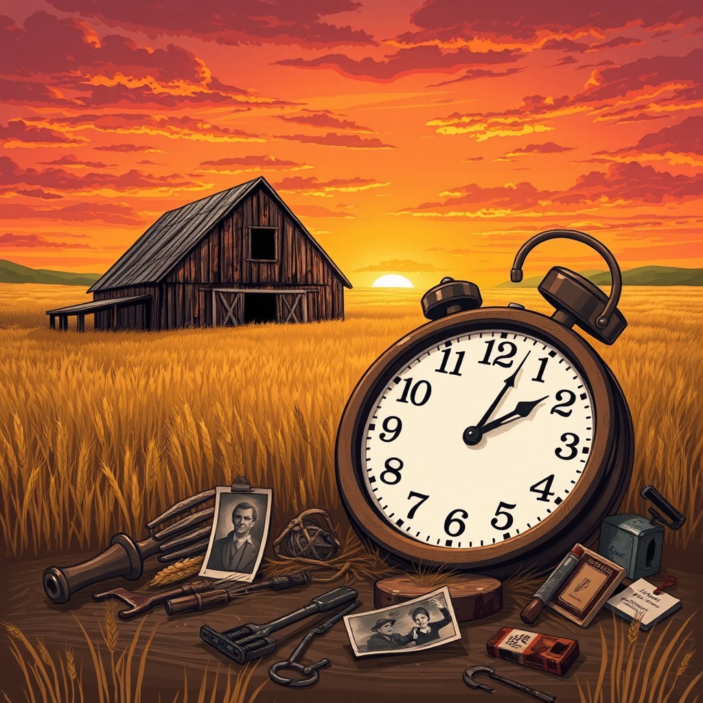 A rural, country-themed illustration representing the idea of 'wasted my life away'