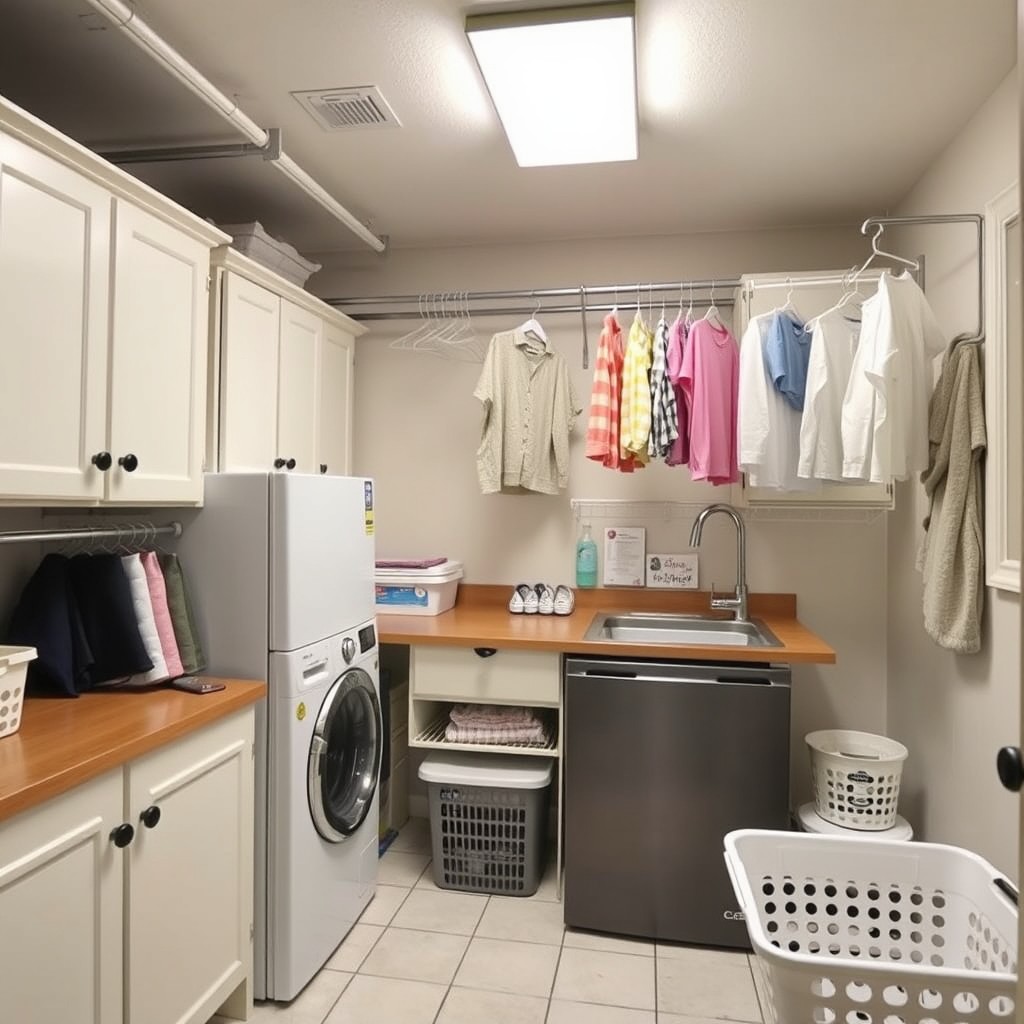 A well-organized laundry room featuring ample storage cabinets, an upright freezer, and a functional sink