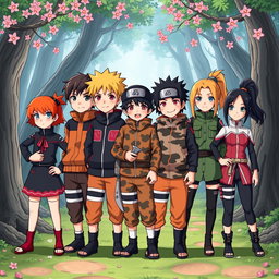 The main cast of Stranger Things reimagined as characters from the Naruto universe, illustrated in a vibrant anime art style