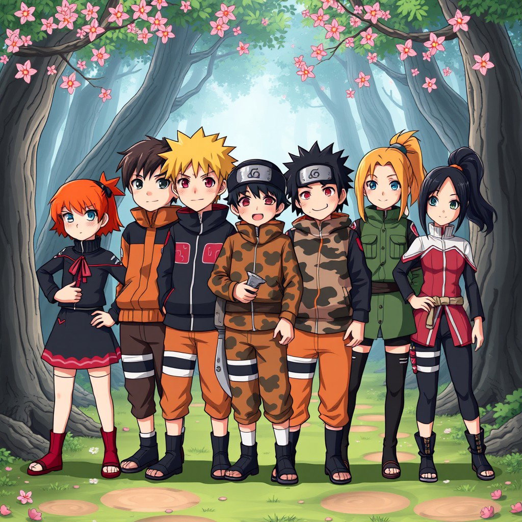 The main cast of Stranger Things reimagined as characters from the Naruto universe, illustrated in a vibrant anime art style