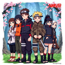 The main cast of Stranger Things reimagined as characters from the Naruto universe, illustrated in a vibrant anime art style