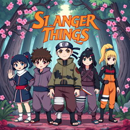The main cast of Stranger Things reimagined as characters from the Naruto universe, illustrated in a vibrant anime art style