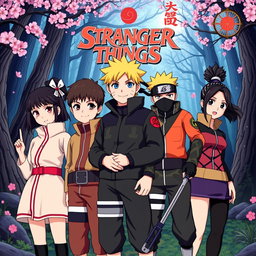 The main cast of Stranger Things reimagined as characters from the Naruto universe, illustrated in a vibrant anime art style